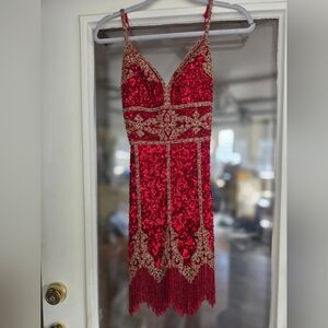 Euc Sherri Hill Red Gold Sequin Beaded Lace Up Fringe Dress Sz 0 Prom Homecoming